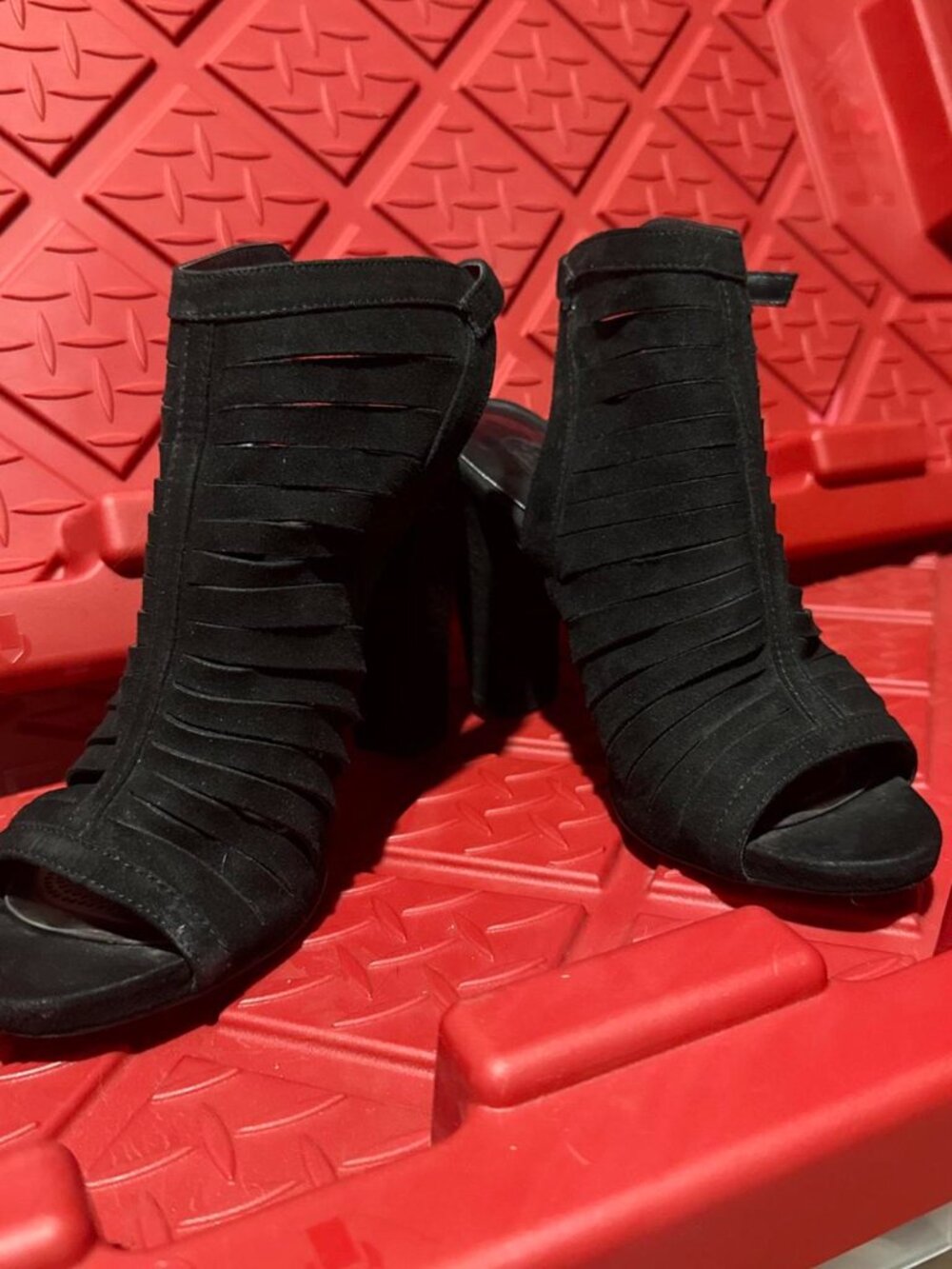 Black suede peep toe boots with ankle strap